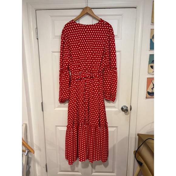 NEW Ashley Stewart Red White Polka Dot Midi Dress 18 V Neck Long Sleeve Tiered - Picture 4 of 8